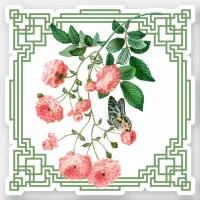 Butterfly Pink Roses & Green Border Sticker