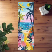Vibrant Colorful Illustration of Tropical Beach Yoga Mat