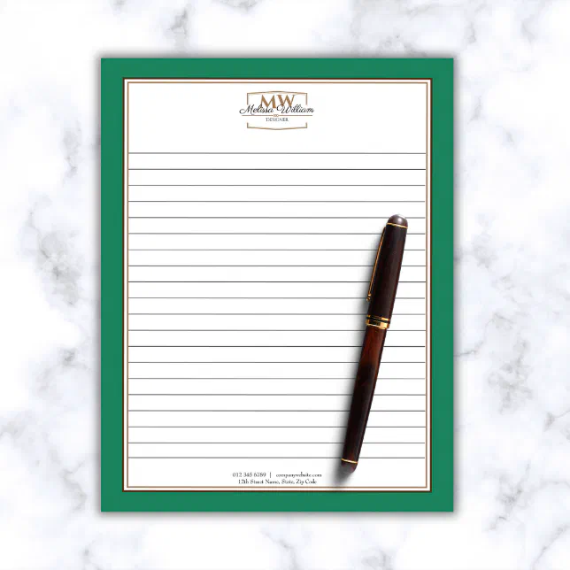 Simple Green Monogram Lined Business Notepad