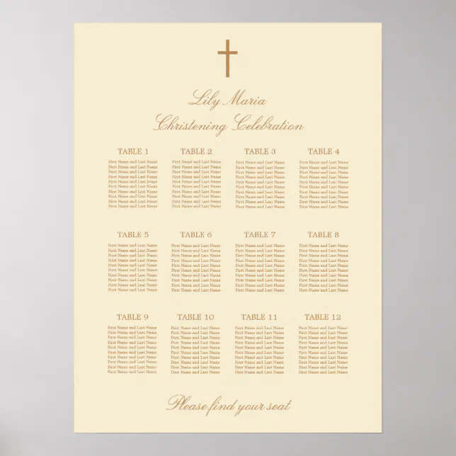 Cream 12 Table Christening Seating Chart Poster