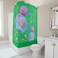 Water Droplets on Pink & Blue Roses on Green | Shower Curtain