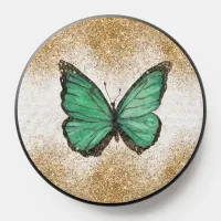 Cute Watercolor Gold Glitter Green Butterfly PopSocket