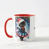 Black Christmas Cat in Blue Skater Skirt Mug