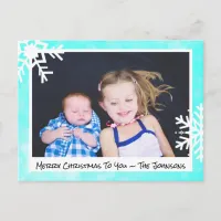 Merry Christmas Aqua Snowflakes Family Photo Card