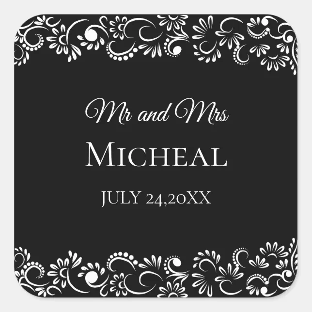 Elegant simple black and white floral wedding square sticker