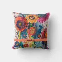 Colorful Doodle Flowers Throw Pillow