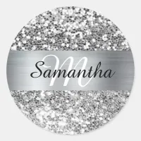 Sparkly Silver Glitter Shimmer Monogram Classic Round Sticker