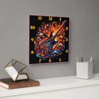 Vibrant, fiery guitar square wall clock