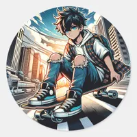 Pop Art Boy on Skateboard in City  Classic Round Sticker