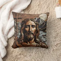 Jesus Holding Cross by Mountain River at Sunset Throw Pillow