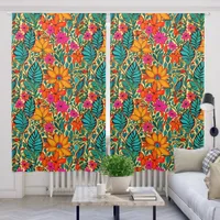 Boho Flowers in Orange, Pink, Blue Blackout Curtains