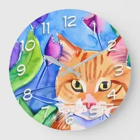 Cute Watercolor Orange Cat Large Clock