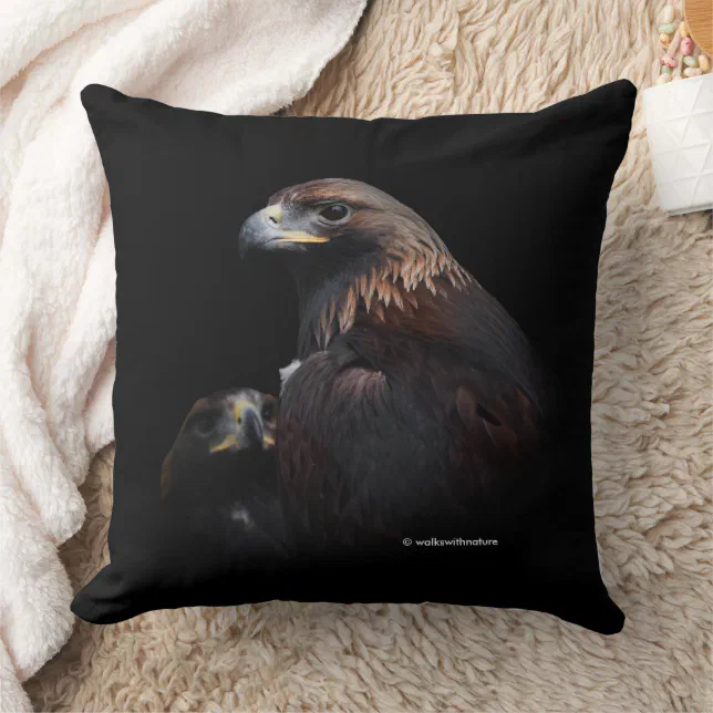 Beautiful Golden Eagles Vignette to Black Throw Pillow