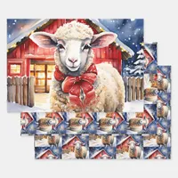 Pretty Watercolor Christmas Sheep and Rustic Barn Wrapping Paper Sheets