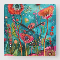 Teal and Orange Doodle Flowers  Square Wall Clock