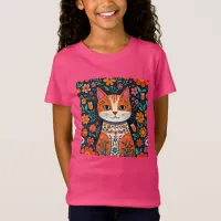 Whimsical Folk Art Cat and Flowers T-Shirt