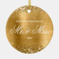 Glittery Gold Foil Our First Christmas Ceramic Ornament