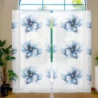 Elegant Dusty Blue Navy  Flowers Watercolor Sheer Curtains