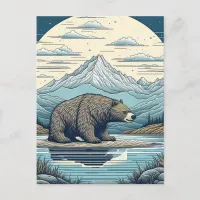 Bear, Mountains, Lake, Full Moon Ai Art Postcard