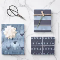 Christmas Deer Antler, Stripes, Trees Blue ID864 Wrapping Paper Sheets