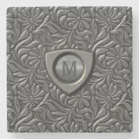 Embossed Metal Shield Monogram ID139 Stone Coaster