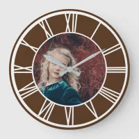 White Roman Numeral Border Brown Add Photo Round Large Clock