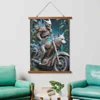 skeleton on a chopper mounted with a wolf head hanging tapestry