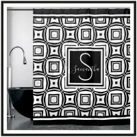 Stylish Black & White Geometric Pattern Monogram Shower Curtain