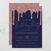 Rose Gold Sparkle Glitter Drips Navy Blue Birthday Invitation