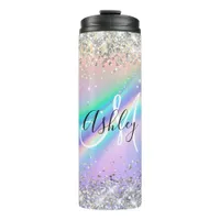 Pastel Rainbow Wave Ombre Silver Glitter Monogram Thermal Tumbler