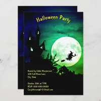House, Full Moon, Witch, Green Sky Halloween Party Invitation