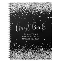 Silver Glitter Black Sweet 16 Birthday Guest Notebook