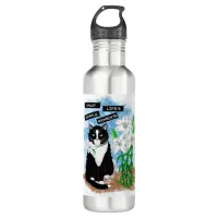 Tuxedo Cat and Lilies | Inspirational Quote Stainless Steel Water Bottle