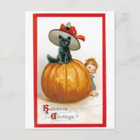 Vintage Halloween Greeting Black Cat Holiday Postcard