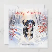 Cute Springador Dog In Snow Watercolor Christmas Holiday Card