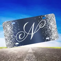 Silver Glitter Navy Foil Fancy Monogram License Plate