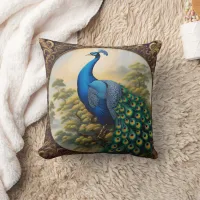 Vibrant Peacock With Colorful Tail Amidst Greenery Throw Pillow