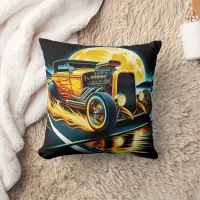 Custom hot rod racing under a glowing full moon throw pillow