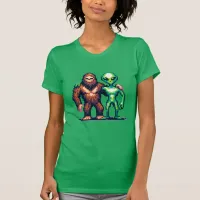 Extraterrestrial Alien Being and Bigfoot Pixel Art T-Shirt