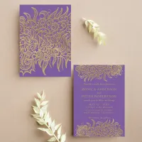 Luxury Gold Lace On Purple Elegant Classic Wedding Invitation
