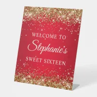 Gold Glitter and Red Sweet Sixteen Welcome Pedestal Sign