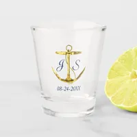 Gold Anchor and Navy Blue Monogram Wedding Shot Glass