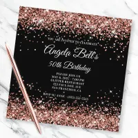 Sparkly Rose Gold Glitter 50th Birthday Black Invitation