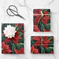 Pretty Red and Green Poinsettias Digital Art Wrapping Paper Sheets