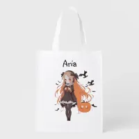 Personalized Halloween Anime Girl with Bats Grocery Bag