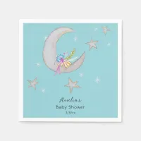 Moon Stars Floral Aqua Blue Hand Drawn Baby Shower Napkins