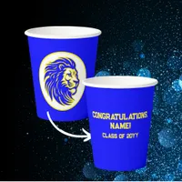 Customizable Lion Mascot Blue and Yellow Grad Name Paper Cups