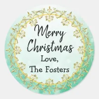 Merry Christmas Gold and Green Personalize Holiday Classic Round Sticker