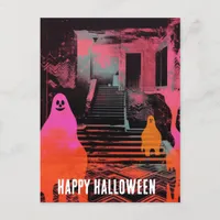  Retro Haunted Halloween House Pink Orange Ghosts Postcard