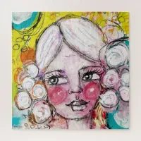 Cute Girl Bubbles Colorful Whimsical Original Art Jigsaw Puzzle